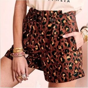 Sezane Fabrizio Linen Blend Leopard Print Shorts Brown Black Pleated FR 38 US 6
